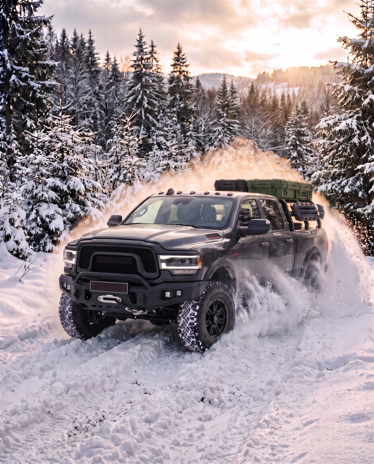 Pickup pflügt durch Tiefschnee im Fichtenwald