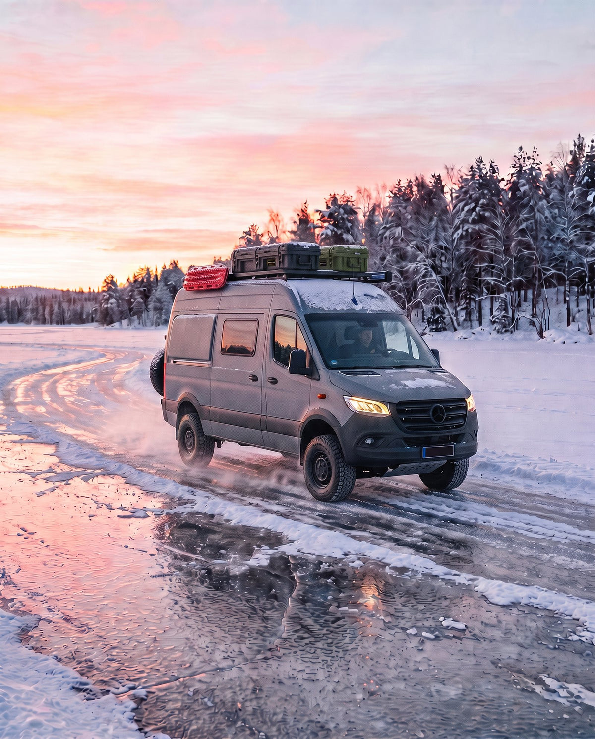 Offroad-Van fährt über einen zugefrorenen See