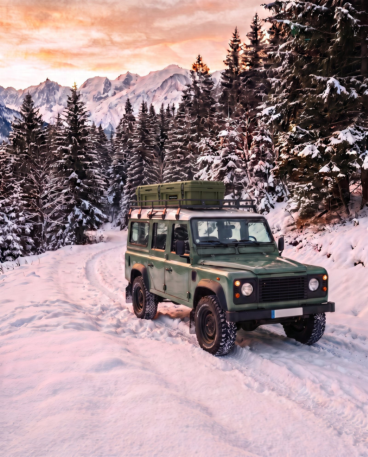 Klassischer Land Rover Defender auf verschneitem Waldweg